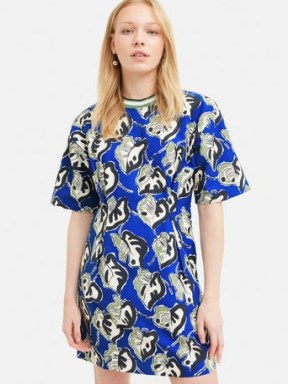 JIGSAW Collagerie T-shirt Dress Blue – women’s short sleeve leaf print mini dresses - flipped