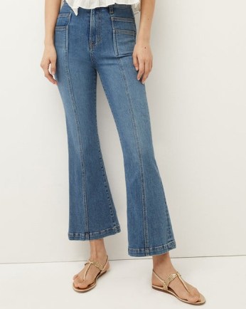 VERONICA BEARD CARSON KICK-FLARE JEAN WITH BACK SUN YOKE in Great Escape | blue ankle flared jeans | front seams | women’s cropped denim falres
