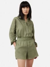 JIGSAW Linen Relaxed Shirt in Khaki / women’s casual green curved hem shirts