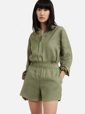 JIGSAW Linen Relaxed Shirt in Khaki / women’s casual green curved hem shirts - flipped