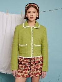 sister jane WEEKEND AT NANS Matilda Tweed Jacket Lime Green ~ textured scallop trim jackets ~ scalloped edge outerwear