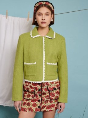 sister jane WEEKEND AT NANS Matilda Tweed Jacket Lime Green ~ textured scallop trim jackets ~ scalloped edge outerwear