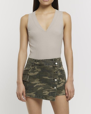 RIVER ISLAND KHAKI DENIM CARGO WRAP SKORT / women’s green camouflage print skorts / womens skirt style shorts