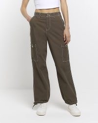 RIVER ISLAND KHAKI DRAWCORD HEM CARGO TROUSERS – womens casual pocket detail utility pants – women utilitarian fashion
