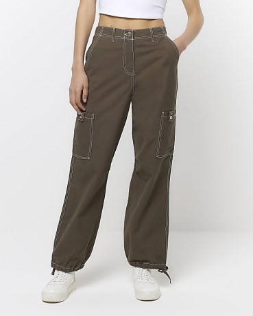 RIVER ISLAND KHAKI DRAWCORD HEM CARGO TROUSERS – womens casual pocket detail utility pants – women utilitarian fashion - flipped