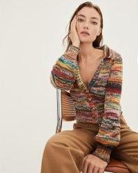 VERONICA BEARD DAMARIS SPACE-DYED CARDIGAN RED MULTI | women’s multicoloured wide collar cardigans | womens organic cotton knitwear | luxury vintage style knits