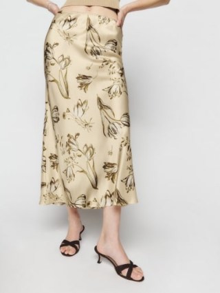 Reformation Layla Silk Skirt in Umber – silky floral print bias cut slip skirts – luxury clothing – luxe fashion - flipped