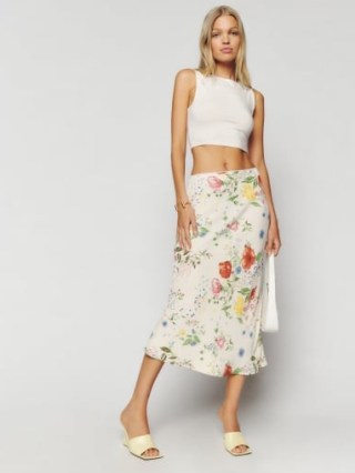 Reformation Layla Skirt in Etude – white floral bias cut slip skirts - flipped