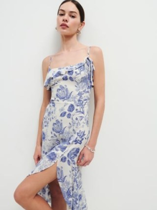 Reformation Liana Dress in Lucerne / blue floral skinny shoulder strap dresses / frill trim / strappy summer clothing / feminine asymmetric fashion