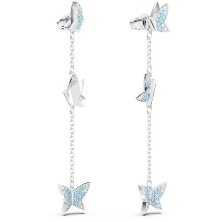 SWAROVSKI Lilia drop earrings Butterfly, Blue, Rhodium plated – long chain drops with crystals – butterflies – silver tone crystal jewelry – insect themed jewellery - flipped