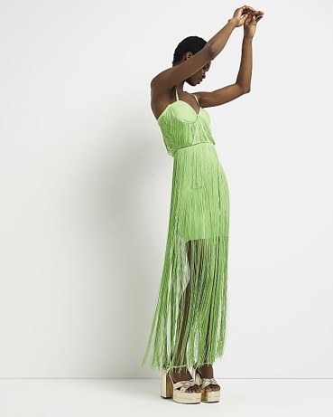 RIVER ISLAND LIME GREEN FRINGE MINI BODYCON DRESS ~ women’s fringed evening dresses ~ strappy party fashion - flipped