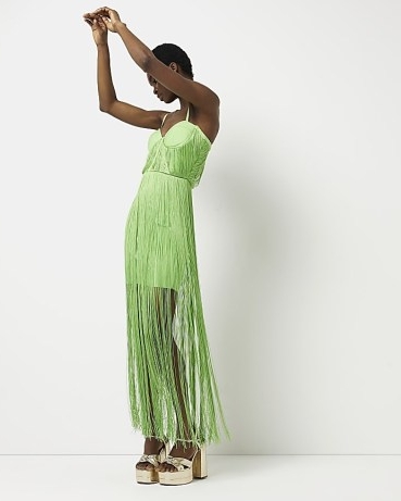 RIVER ISLAND LIME GREEN FRINGE MINI BODYCON DRESS ~ women’s fringed evening dresses ~ strappy party fashion