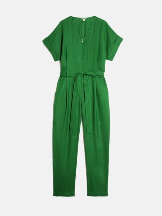 JIGSAW Linen Belted Jumpsuit in Green / short sleeve tie waist jumpsuits / utility clothing / women’s utilitarian fashion - flipped