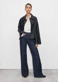 ME and EM Long Length Crease-Front Flare Jean in Smart Indigo Denim ~ dark blue relaxed fit jeans ~ flared leg ~ women’s flares ~ high rise waist ~ womens casual clothes designed for longer legs
