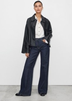 ME and EM Long Length Crease-Front Flare Jean in Smart Indigo Denim ~ dark blue relaxed fit jeans ~ flared leg ~ women’s flares ~ high rise waist ~ womens casual clothes designed for longer legs - flipped