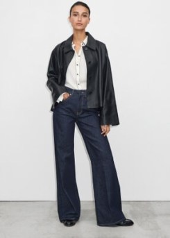 ME and EM Long Length Crease-Front Flare Jean in Smart Indigo Denim ~ dark blue relaxed fit jeans ~ flared leg ~ women’s flares ~ high rise waist ~ womens casual clothes designed for longer legs