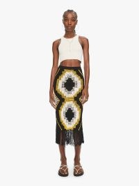 Maria Cher Hanie Midi Skirt in Cafayate | black, yellow and white crochet fringe trim skirts | womens knitted summer clothes | bohemian fashion | fringed boho clothing