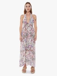 Maria Cher Lavinia Sleeveless Maxi Dress in Humahuacha | plunge front halterneck dresses | sheer summer fashion | halter neck clothing | floral print clothes plunging neckline | dip hem