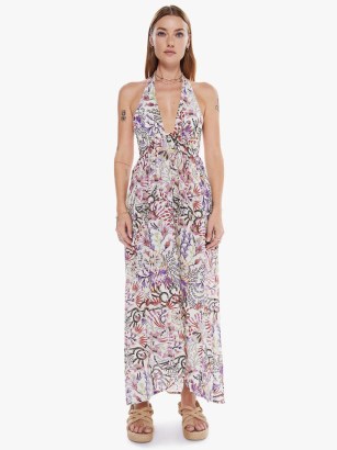 Maria Cher Lavinia Sleeveless Maxi Dress in Humahuacha | plunge front halterneck dresses | sheer summer fashion | halter neck clothing | floral print clothes plunging neckline | dip hem - flipped