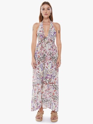 Maria Cher Lavinia Sleeveless Maxi Dress in Humahuacha | plunge front halterneck dresses | sheer summer fashion | halter neck clothing | floral print clothes plunging neckline | dip hem