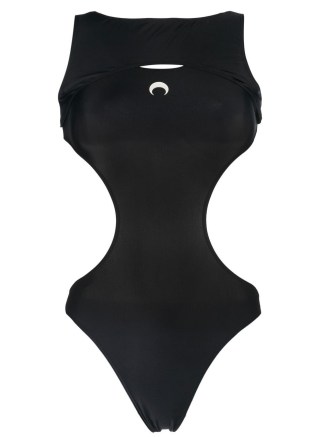 Marine Serre Crescent Moon-print swimsuit in black/white – women’s black cit out swimsuits – womens designer swimwear - flipped