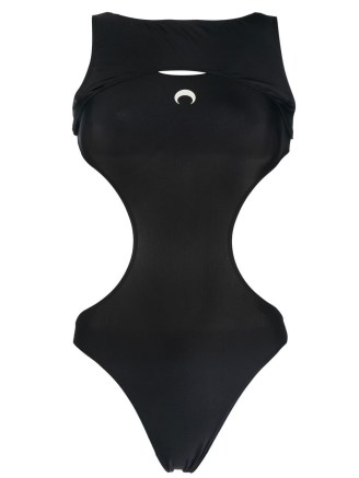 Marine Serre Crescent Moon-print swimsuit in black/white – women’s black cit out swimsuits – womens designer swimwear