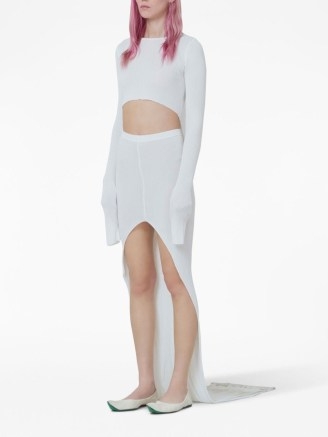 Marni draped-back cut-out maxi dress in white – long length rib knit cutout dresses – women’s designer clothing