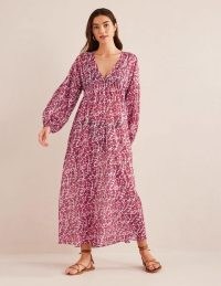 Boden Maxi Empire Kaftan Dress in Poinsettia, Pansy Bloom / long sleeve bohemian style kaftans / womens floral cotton summer dresses / boho clothing