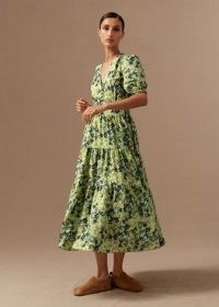 ME and EM Meadow Floral Print Midi Tea Dress in Sicilian Olive/Cream/Blue / women’s green and blue tiered dresses / womens feminine summer clothes