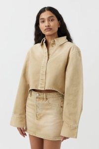 CAMILLA AND MARC Mila Denim Shirt in Stone Beige | women’s cropped shirts with removable shoulder pads | womens structured tops | luxury fashion | crop hem