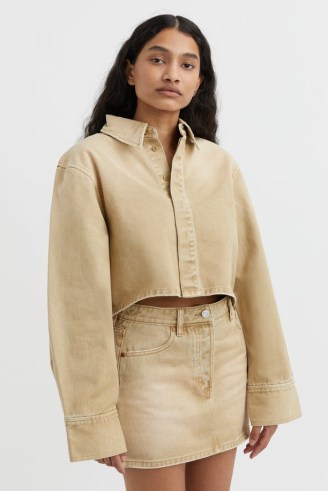 CAMILLA AND MARC Mila Denim Shirt in Stone Beige | women’s cropped shirts with removable shoulder pads | womens structured tops | luxury fashion | crop hem - flipped