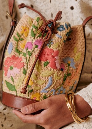 Sézane MINI FARROW BAG in Embroidered floral raffia / small summer bags / hand woven crossbody - flipped