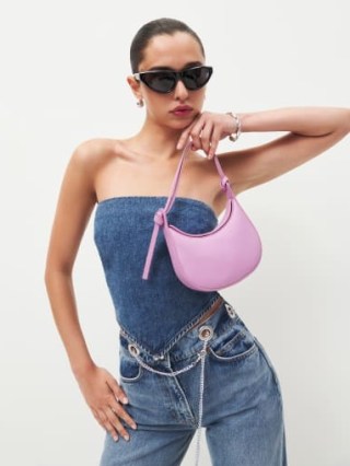 Reformation Mini Rosetta Shoulder Bag in Heather / small crescent shaped handbags / luxury mini handbag / light purple leather bags - flipped
