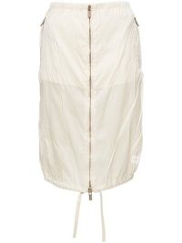Miu Miu gathered silk skirt in ivory white – womens’s luxury utility skirts – womens silky utilitarian clothing – luxe fashion