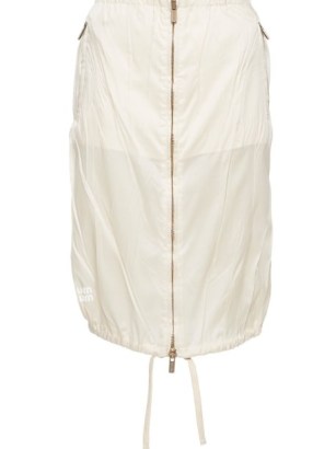 Miu Miu gathered silk skirt in ivory white – womens’s luxury utility skirts – womens silky utilitarian clothing – luxe fashion - flipped