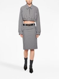 Miu Miu gingham-print crop jacket in black/white – women’s monochrome checked outerwear – womens cropped check print zip up jackets – front zipper fastening – point collar