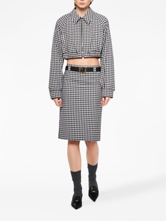 Miu Miu gingham-print crop jacket in black/white – women’s monochrome checked outerwear – womens cropped check print zip up jackets – front zipper fastening – point collar - flipped
