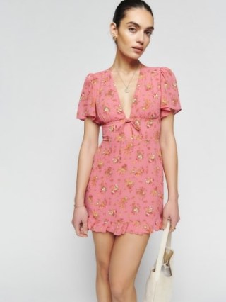Reformation Mya Dress in Rosato – pink floral mini dresses – deep plunging V-neck – ruffle hem – flutter sleeve fashion – feminine clothes – plunge front neckline - flipped