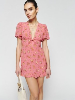 Reformation Mya Dress in Rosato – pink floral mini dresses – deep plunging V-neck – ruffle hem – flutter sleeve fashion – feminine clothes – plunge front neckline