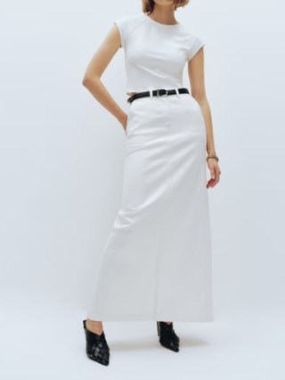 Reformation Myles Maxi Skirt in Fior Di Latte – women’s milk white long length denim skirts – high center back slit - flipped