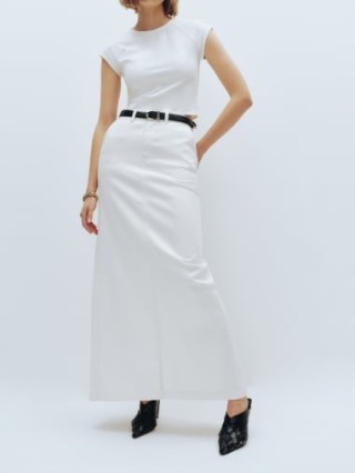 Reformation Myles Maxi Skirt in Fior Di Latte – women’s milk white long length denim skirts – high center back slit