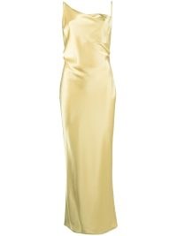 Nanushka asymmetric draped satin dress in yellow | silky slip dresses | women’s strappy fashion | fluid fabric clothes