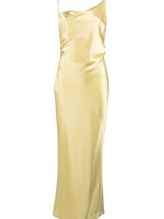 Nanushka asymmetric draped satin dress in yellow | silky slip dresses | women’s strappy fashion | fluid fabric clothes - flipped