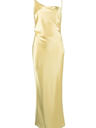 Nanushka asymmetric draped satin dress in yellow | silky slip dresses | women’s strappy fashion | fluid fabric clothes