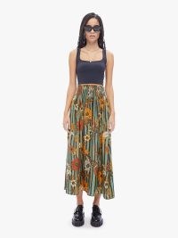 Natalie Martin Bella Skirt in Sunflower Stripe Print Moss | green floaty floral print skirts | bohemian silk clothing | silky boho inspired fashion