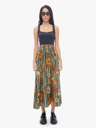 Natalie Martin Bella Skirt in Sunflower Stripe Print Moss | green floaty floral print skirts | bohemian silk clothing | silky boho inspired fashion - flipped