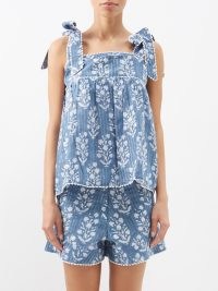 JULIET DUNN Flower block-print cotton-blend top – blue floral tie shoulder strap tops – women’s feminine summer clothes