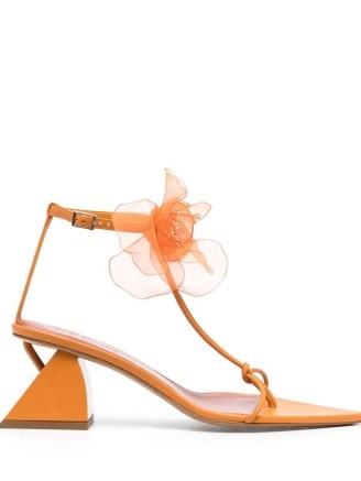 Nensi Dojaka 70mm floral-appliqué leather sandals in Apricot / strappy orange sandal / sculpted block heel / T-bar footwear / flower embellished footwear / women’s feminine summer shoes / pointed toe / luxury fashion - flipped