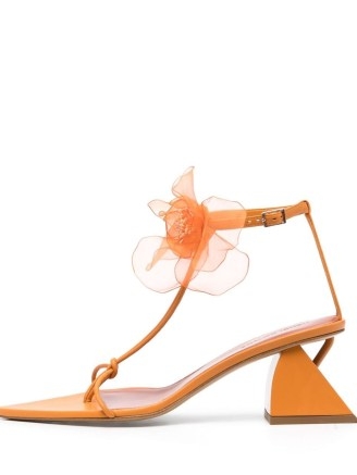 Nensi Dojaka 70mm floral-appliqué leather sandals in Apricot / strappy orange sandal / sculpted block heel / T-bar footwear / flower embellished footwear / women’s feminine summer shoes / pointed toe / luxury fashion