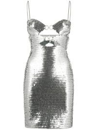Nensi Dojaka sequinned cutout minidress in silver tone – strappy metallic mini dress – skinny shoulder strap party dresses – sequin embellished occasion fashion – cut out evening clothes – spaghetti straps